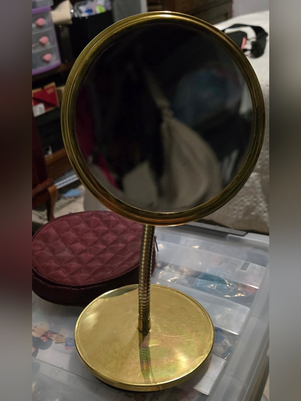 Vintage Adjustable Gold Round Vanity Mirror by